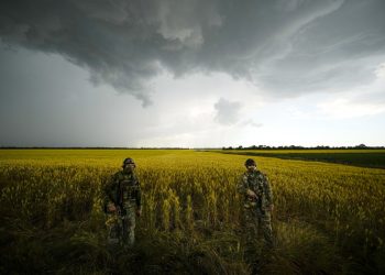 Ruskí vojaci strážia priestor pri pšeničnom poli. Záporožská oblasť je pod kontrolou ruských síl od prvých dní ruskej vojenskej akcie na Ukrajine (Foto: SITA/AP Photo)
