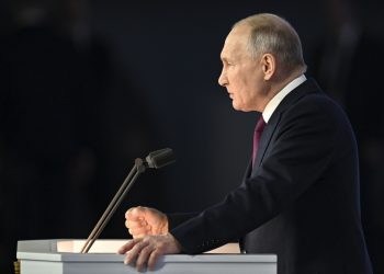 Ruský prezident Vladimir Putin počas výročného prejavu o stave krajiny v Moskve, Rusko, v utorok 21. februára 2023 (Foto: SITA/Maxim Blinov, Sputnik, Kremlin)