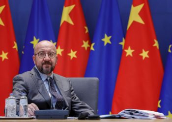Predseda Európskej rady Charles Michel počas samitu EÚ - Čína v budove Európskej rady v Bruseli v piatok 1. apríla 2022 (Foto: SITA/AP Photo/Olivier Matthys)
