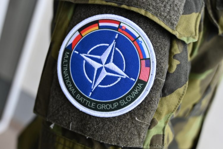Detail uniformy príslušníka medzinárodnej bojovej skupiny NATO, ktorá v Lešti pôsobí od minulého roka pod velením českých vojakov počas spoločnej návštevy prezidentov Slovenskej republiky a Českej republiky v Centre výcviku Lešť. Lešť, 7. Jún 2023 (Foto: SITA/Jakub Julény)