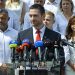Zľava: Podpredseda hnutia Miroslav Suja, 
predseda hnutia Republika Milan Uhrík a podpredseda hnutia Republika Milan Mazurek počas tlačového brífingu pred budovou parlamentu, na ktorom predstavili kandidátku hnutia Republika do parlamentných volieb. Bratislava  3. júl 202. (Foto: SITA/Milan Illí­k)