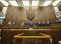 Zľava v dolnom rade: Podpredseda NR SR za hnutie Progresívne Slovensko (PS) Michal Šimečka, predseda NR SR Peter Pellegrini, podpredseda NR SR za stranu Slovenská národná strana (SNS) Andrej Danko, podpredseda NR SR za stranu Hlas - sociálna demokracia Peter Žiga a podpredseda NR SR za stranu Smer - slovenská sociálna demokracia Ľuboš Blaha počas rokovania 6. schôdze Národnej rady SR. Bratislava, 6. december 2023 (Foto: SITA/Milan Illík)